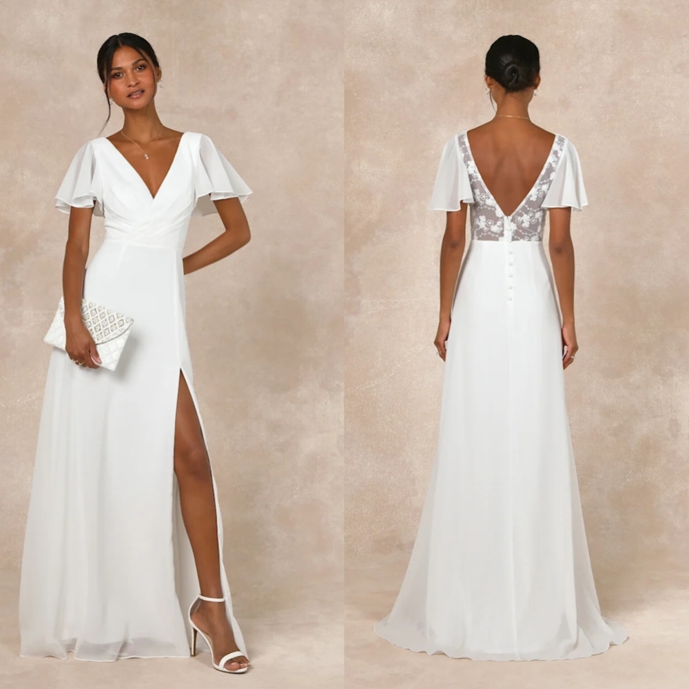 Lulus Beautiful Perfection White Flutter Sleeve Embroidered Maxi Dress L Wedding